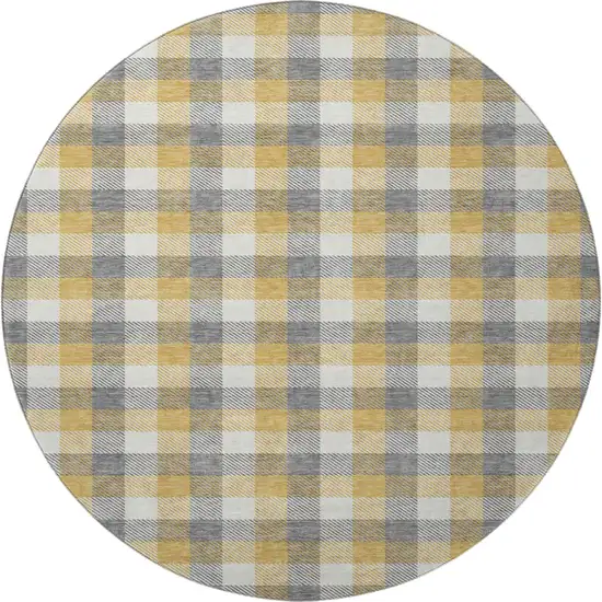 8' Gray Ivory And Gold Plaid Washable Round Rug With UV Protection Photo 3