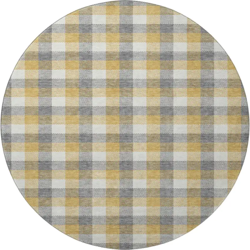 8' Gray Ivory And Gold Plaid Washable Round Rug With UV Protection Photo 3