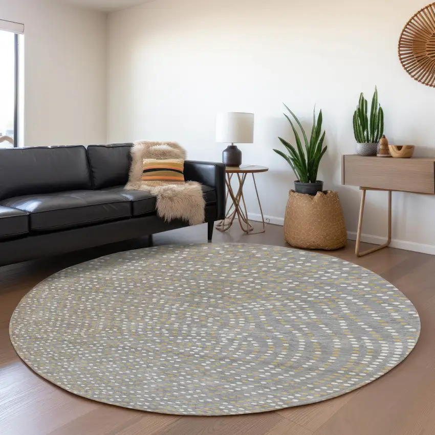8' Gray Ivory And Gold Polka Dot Washable Round Rug With UV Protection Photo 4
