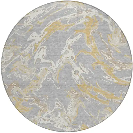8' Gray Ivory And Gold Round Abstract Washable Indoor Outdoor Area Rug Photo 2