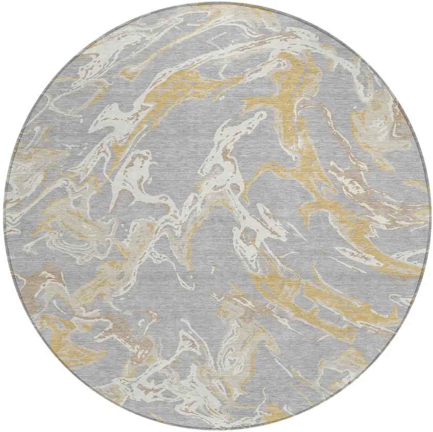 8' Gray Ivory And Gold Round Abstract Washable Indoor Outdoor Area Rug Photo 2