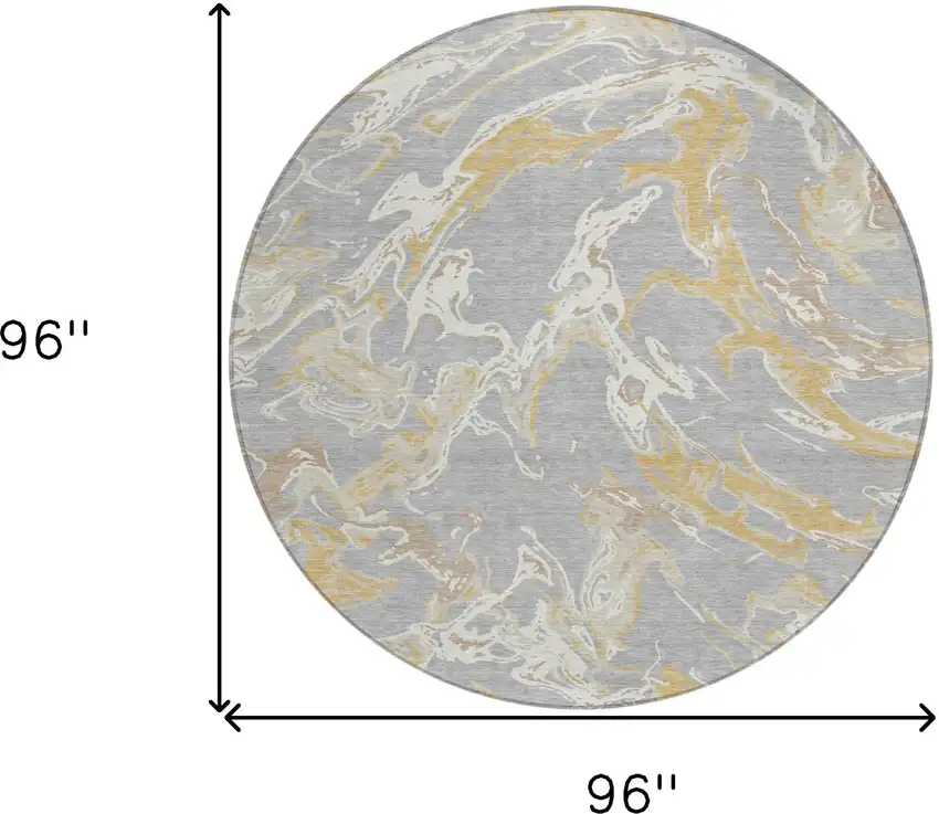 8' Gray Ivory And Gold Round Abstract Washable Indoor Outdoor Area Rug Photo 3