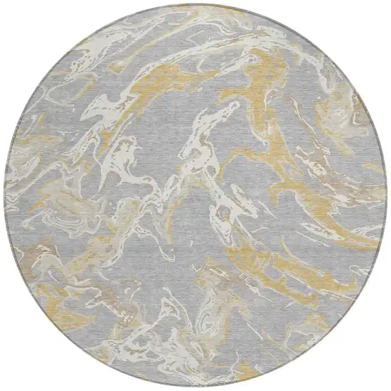8' Gray Ivory And Gold Round Abstract Washable Indoor Outdoor Area Rug Photo 6