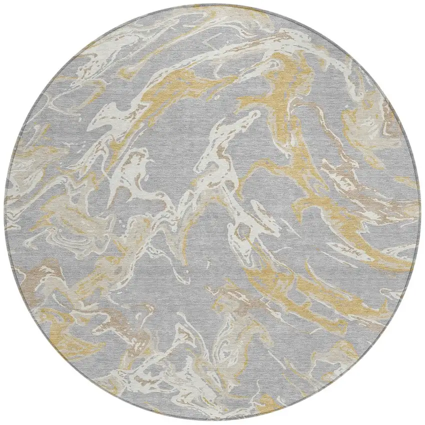 8' Gray Ivory And Gold Round Abstract Washable Indoor Outdoor Area Rug Photo 6