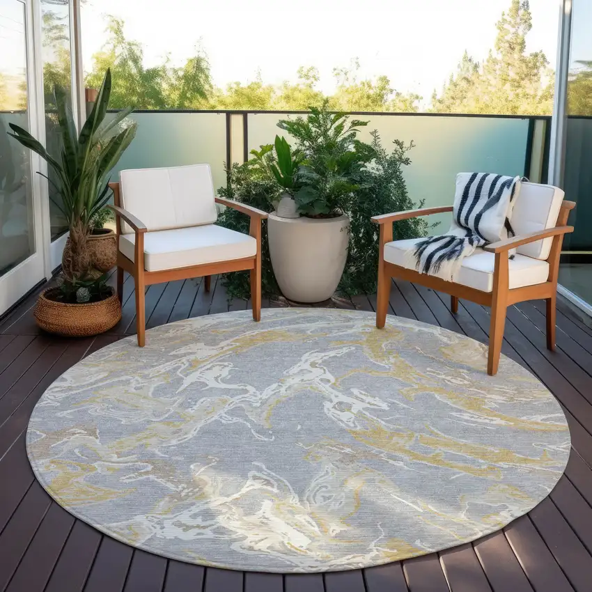 8' Gray Ivory And Gold Round Abstract Washable Indoor Outdoor Area Rug Photo 7