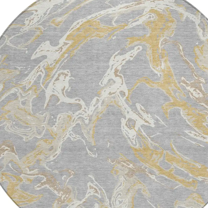 8' Gray Ivory And Gold Round Abstract Washable Indoor Outdoor Area Rug Photo 5