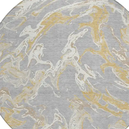 8' Gray Ivory And Gold Round Abstract Washable Indoor Outdoor Area Rug Photo 5