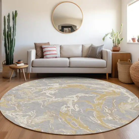 8' Gray Ivory And Gold Round Abstract Washable Indoor Outdoor Area Rug Photo 8