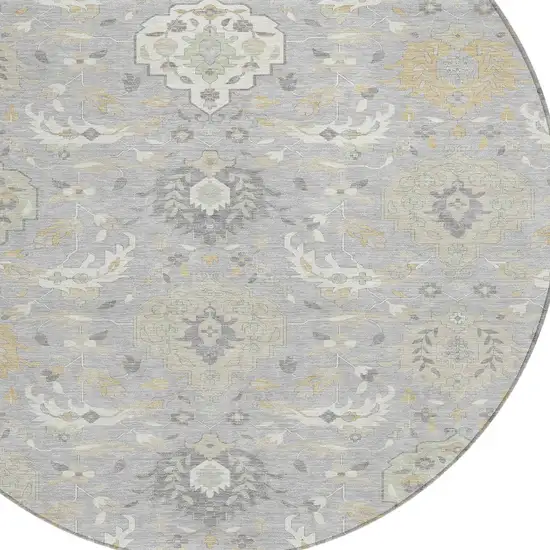 8' Gray Ivory And Gold Round Damask Washable Indoor Outdoor Area Rug Photo 5