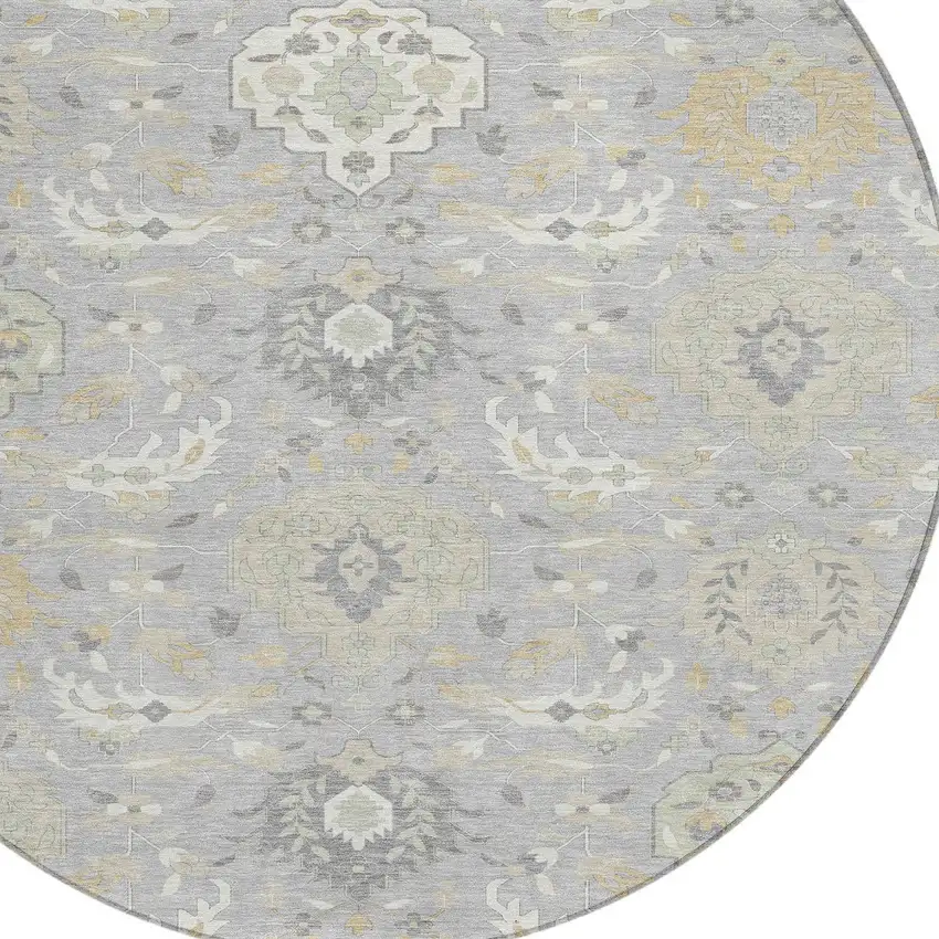 8' Gray Ivory And Gold Round Damask Washable Indoor Outdoor Area Rug Photo 5