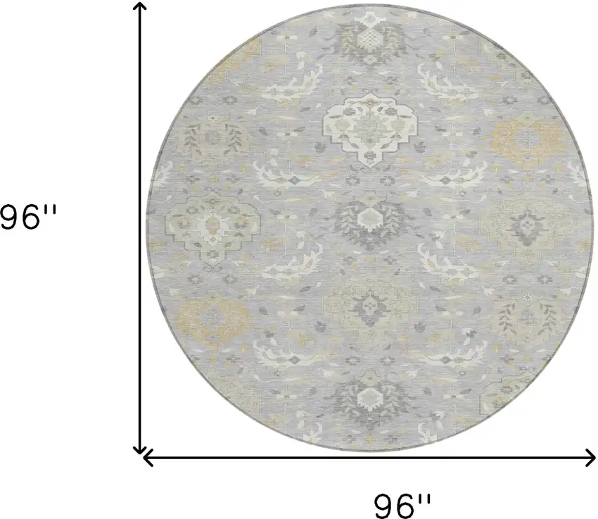 8' Gray Ivory And Gold Round Damask Washable Indoor Outdoor Area Rug Photo 3
