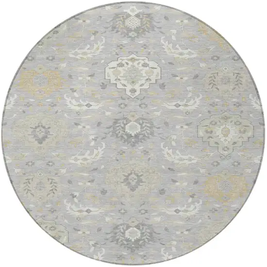8' Gray Ivory And Gold Round Damask Washable Indoor Outdoor Area Rug Photo 6
