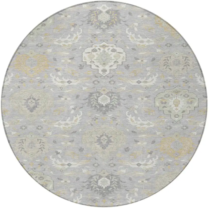 8' Gray Ivory And Gold Round Damask Washable Indoor Outdoor Area Rug Photo 6
