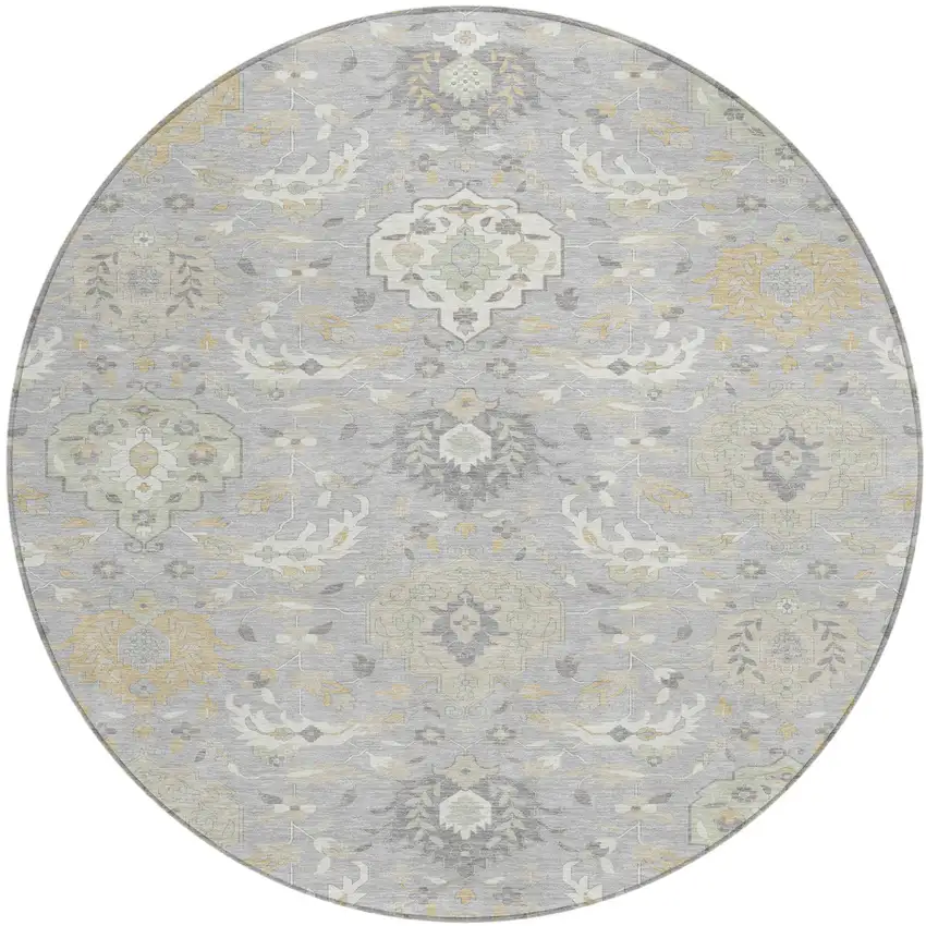 8' Gray Ivory And Gold Round Damask Washable Indoor Outdoor Area Rug Photo 2
