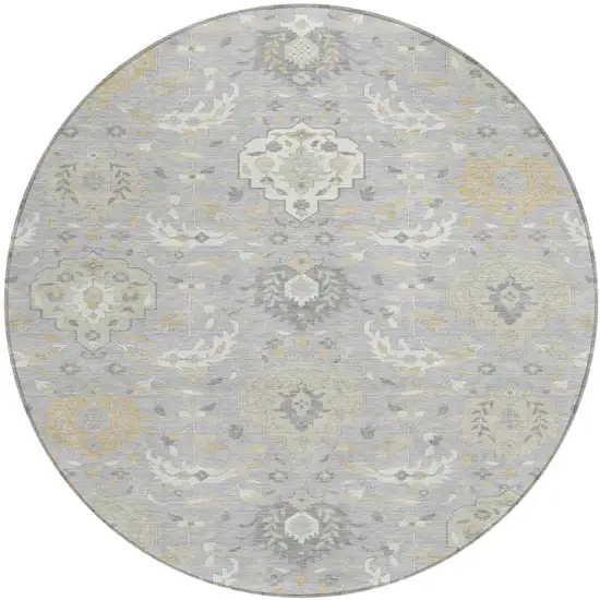 8' Gray Ivory And Gold Round Damask Washable Indoor Outdoor Area Rug Photo 2