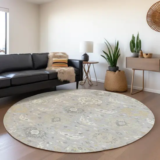 8' Gray Ivory And Gold Round Damask Washable Indoor Outdoor Area Rug Photo 8