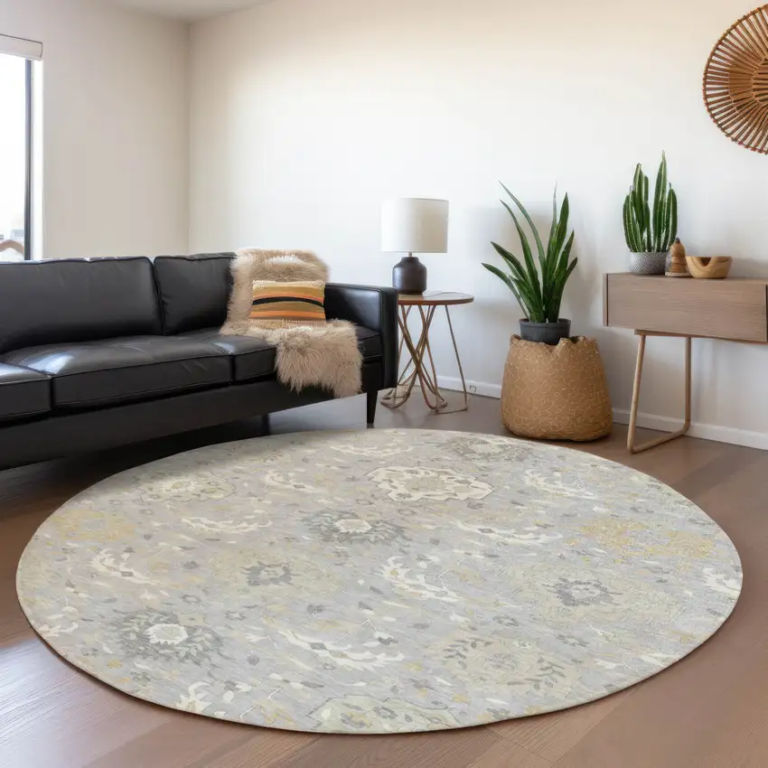 8' Gray Ivory And Gold Round Damask Washable Indoor Outdoor Area Rug Photo 8