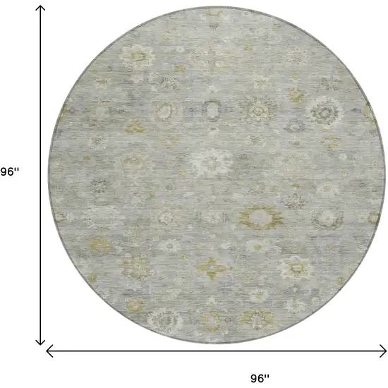 8' Gray Ivory And Gold Round Damask Washable Indoor Outdoor Area Rug Photo 9