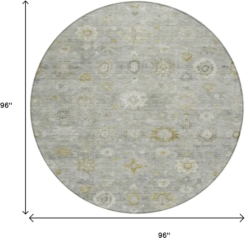 8' Gray Ivory And Gold Round Damask Washable Indoor Outdoor Area Rug Photo 9