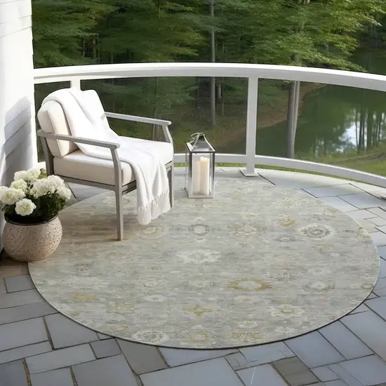 8' Gray Ivory And Gold Round Damask Washable Indoor Outdoor Area Rug Photo 5