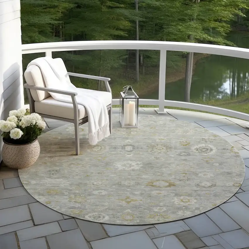 8' Gray Ivory And Gold Round Damask Washable Indoor Outdoor Area Rug Photo 5