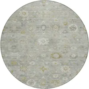 Photo of 8' Gray Ivory And Gold Round Damask Washable Indoor Outdoor Area Rug