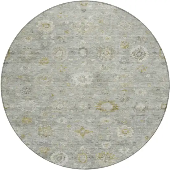 8' Gray Ivory And Gold Round Damask Washable Indoor Outdoor Area Rug Photo 1