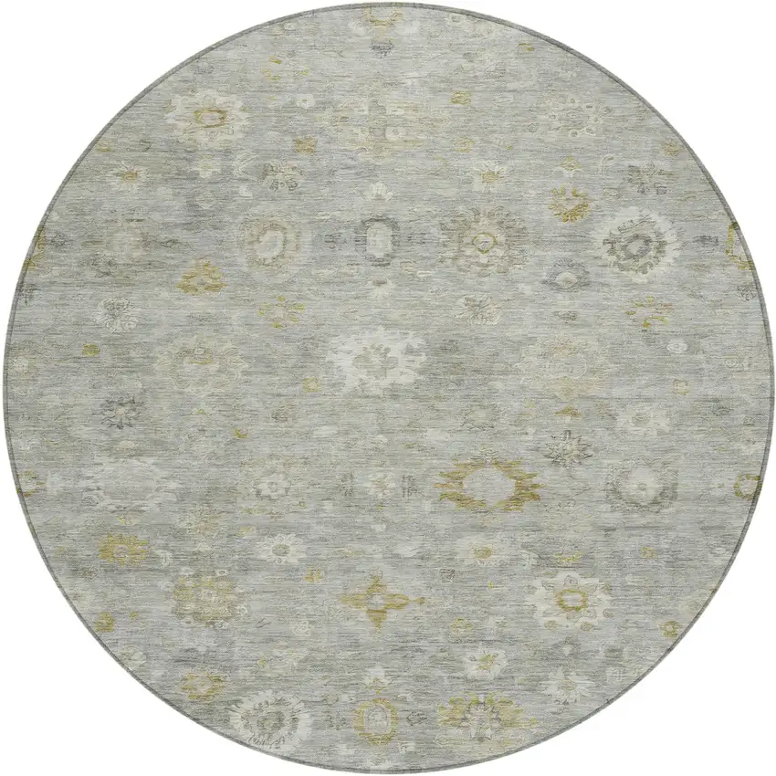 8' Gray Ivory And Gold Round Damask Washable Indoor Outdoor Area Rug Photo 1