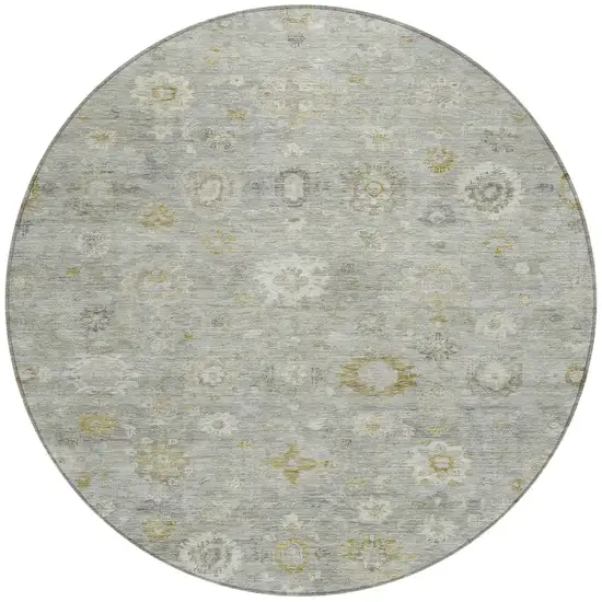 8' Gray Ivory And Gold Round Damask Washable Indoor Outdoor Area Rug Photo 3