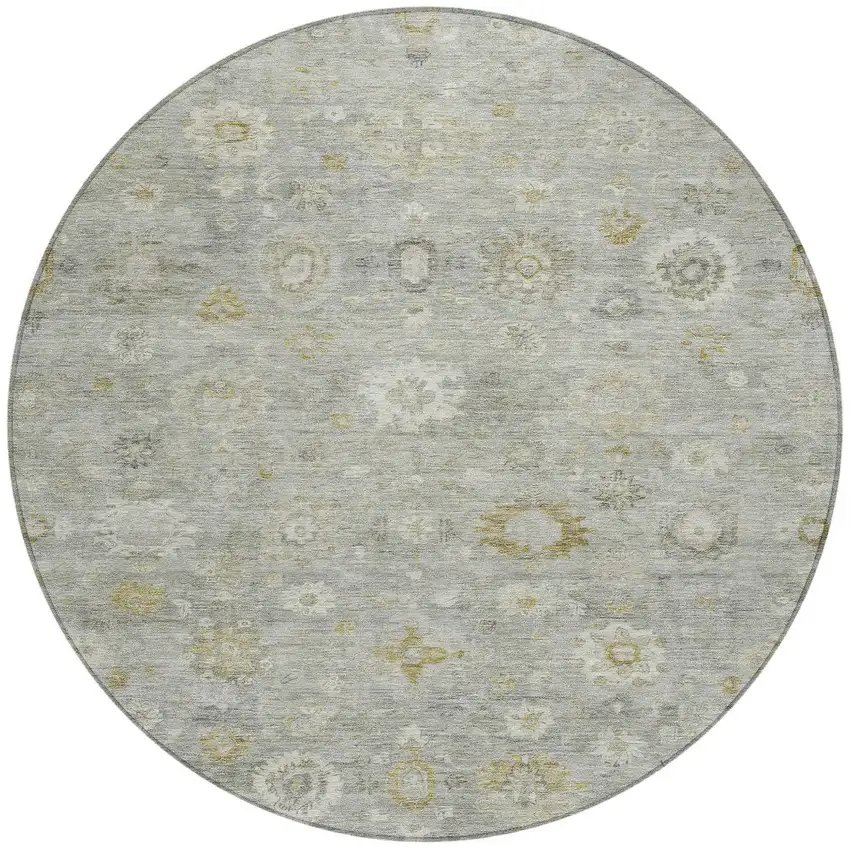 8' Gray Ivory And Gold Round Damask Washable Indoor Outdoor Area Rug Photo 3