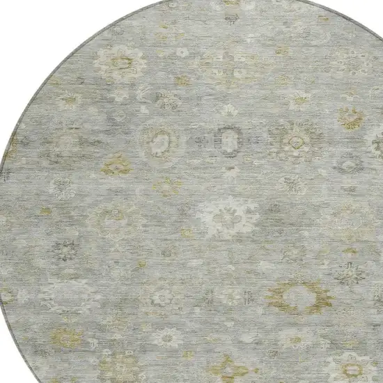 8' Gray Ivory And Gold Round Damask Washable Indoor Outdoor Area Rug Photo 4