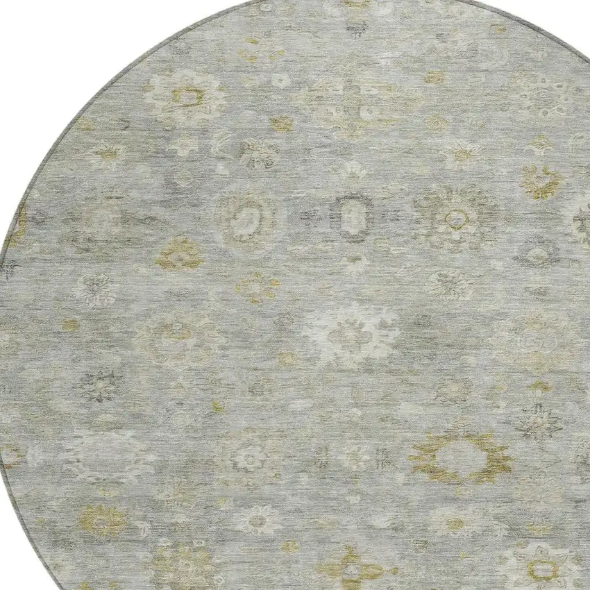 8' Gray Ivory And Gold Round Damask Washable Indoor Outdoor Area Rug Photo 4