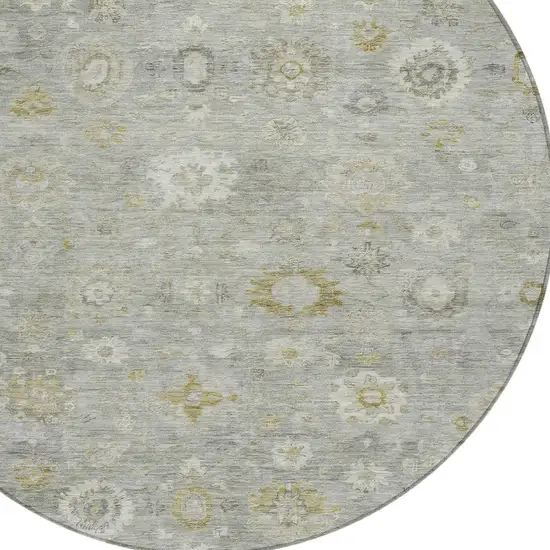 8' Gray Ivory And Gold Round Damask Washable Indoor Outdoor Area Rug Photo 8