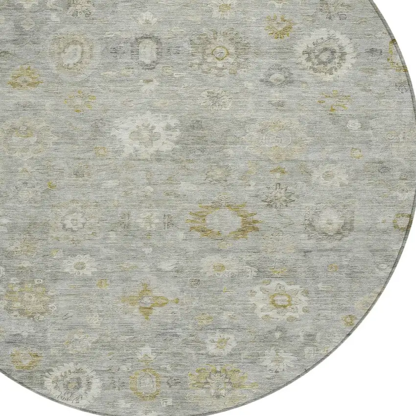 8' Gray Ivory And Gold Round Damask Washable Indoor Outdoor Area Rug Photo 8