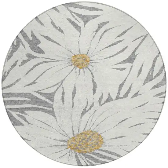 8' Gray Ivory And Gold Round Floral Washable Indoor Outdoor Area Rug Photo 4