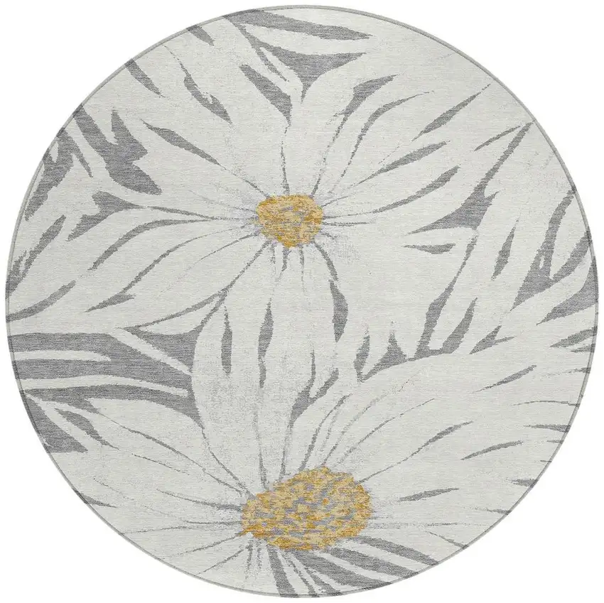 8' Gray Ivory And Gold Round Floral Washable Indoor Outdoor Area Rug Photo 4