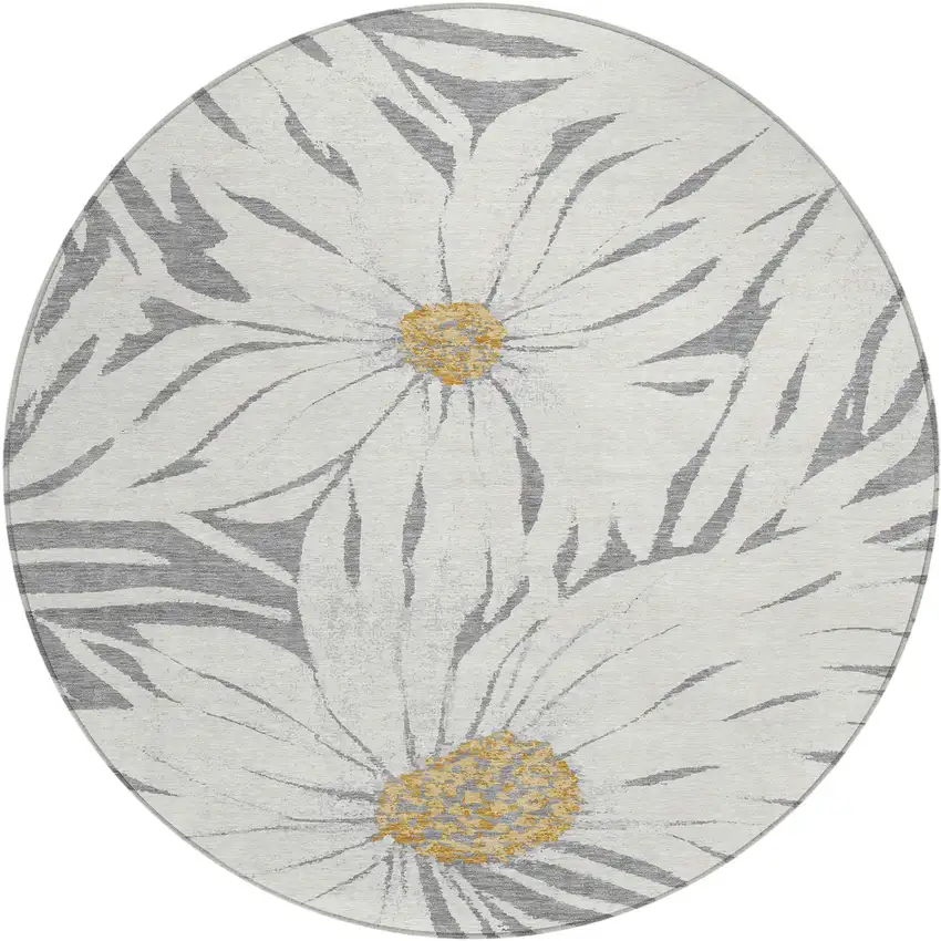 8' Gray Ivory And Gold Round Floral Washable Indoor Outdoor Area Rug Photo 2