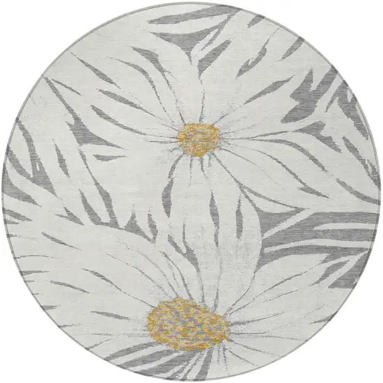 8' Gray Ivory And Gold Round Floral Washable Indoor Outdoor Area Rug Photo 5