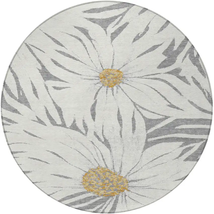 8' Gray Ivory And Gold Round Floral Washable Indoor Outdoor Area Rug Photo 5
