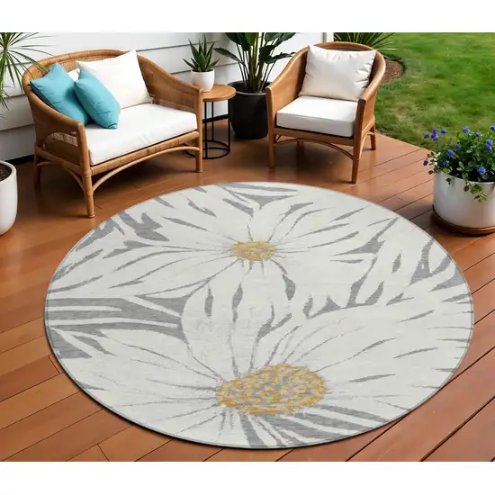 8' Gray Ivory And Gold Round Floral Washable Indoor Outdoor Area Rug Photo 1