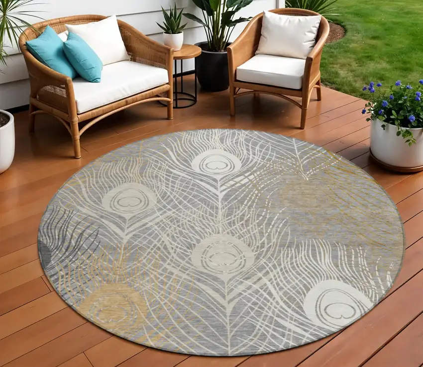 8' Gray Ivory And Gold Round Floral Washable Indoor Outdoor Area Rug Photo 1