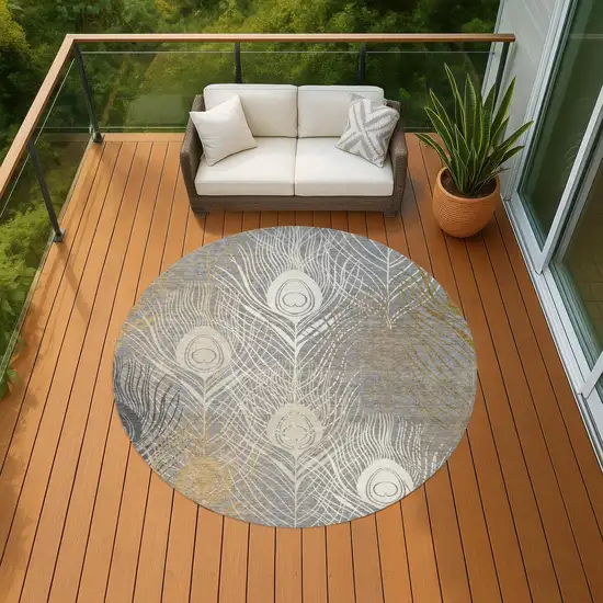 8' Gray Ivory And Gold Round Floral Washable Indoor Outdoor Area Rug Photo 7