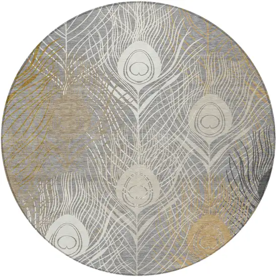 8' Gray Ivory And Gold Round Floral Washable Indoor Outdoor Area Rug Photo 4