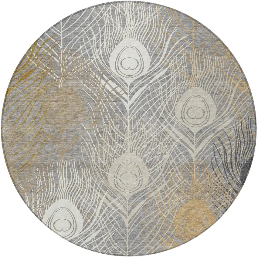 8' Gray Ivory And Gold Round Floral Washable Indoor Outdoor Area Rug Photo 4