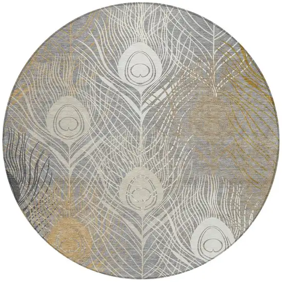 8' Gray Ivory And Gold Round Floral Washable Indoor Outdoor Area Rug Photo 5