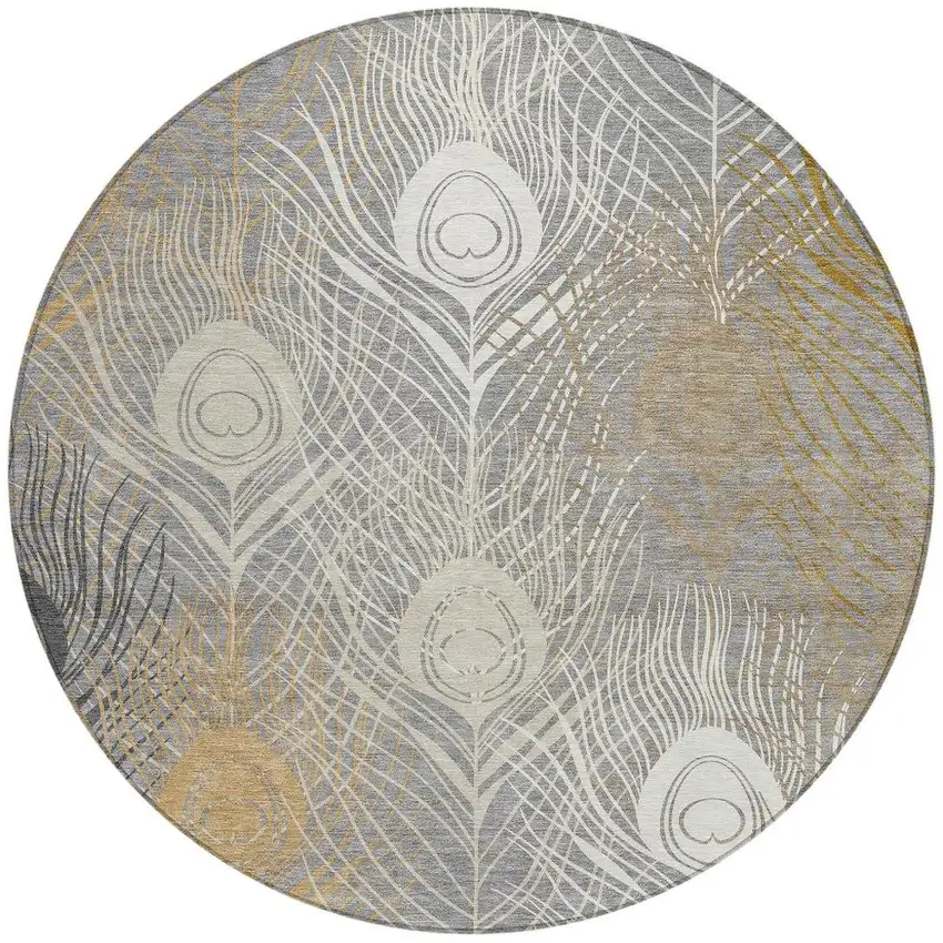 8' Gray Ivory And Gold Round Floral Washable Indoor Outdoor Area Rug Photo 5