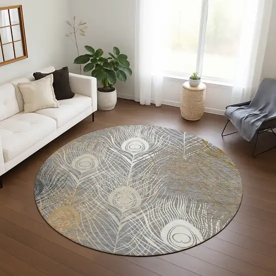 8' Gray Ivory And Gold Round Floral Washable Indoor Outdoor Area Rug Photo 9