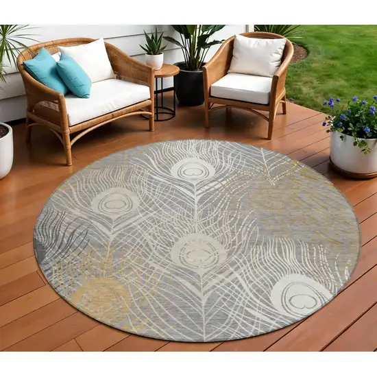 8' Gray Ivory And Gold Round Floral Washable Indoor Outdoor Area Rug Photo 1