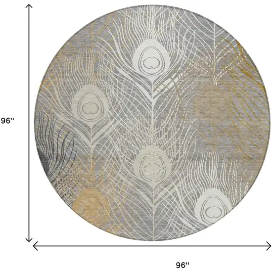 8' Gray Ivory And Gold Round Floral Washable Indoor Outdoor Area Rug Photo 3