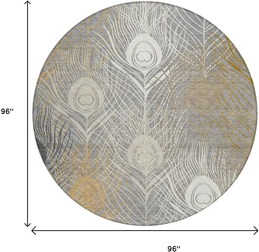 8' Gray Ivory And Gold Round Floral Washable Indoor Outdoor Area Rug Photo 3
